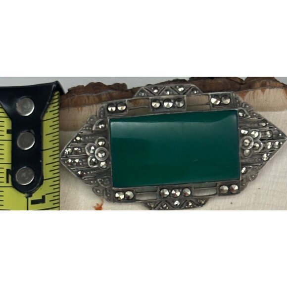Vintage 1930s Art Deco Sterling Silver Green Agate & Marcasite Brooch - Germany - Picture 12 of 12